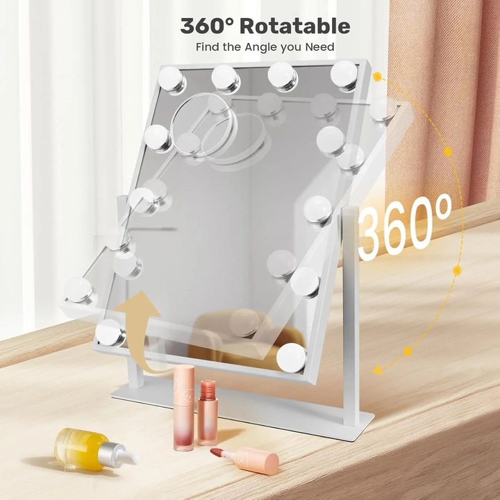 Oglinda de machiaj cu lumini, Model Hollywood de masa, 12 Becuri LED, 3 Culori de lumina, Rotatie 360°, Suprafata compacta