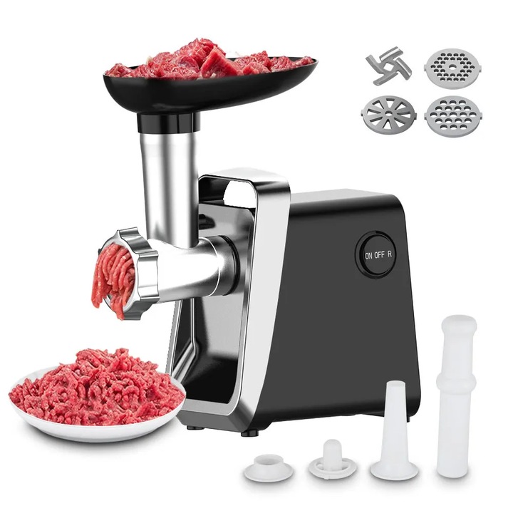 Tocator de carne 750W model 8785371522598, 3 site din inox (grosier/mediu/fin), accesorii pentru carnati si produse din carne, negru/inox, 38.7x23.7x19.2 cm