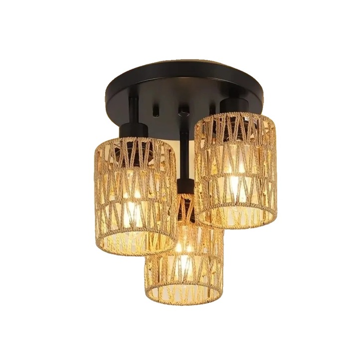 Lustra din rattan impletit, 3 flacari, eficienta energetic, fara bec, 90-260V, 10-15mp