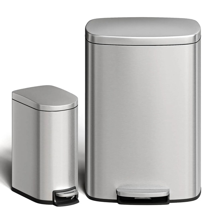 Set cosuri de gunoi 2 piese, Cos cu pedala, 50 L + 10 L, Otel inoxidabil, Galeata interioara, Cu capac, Argintiu