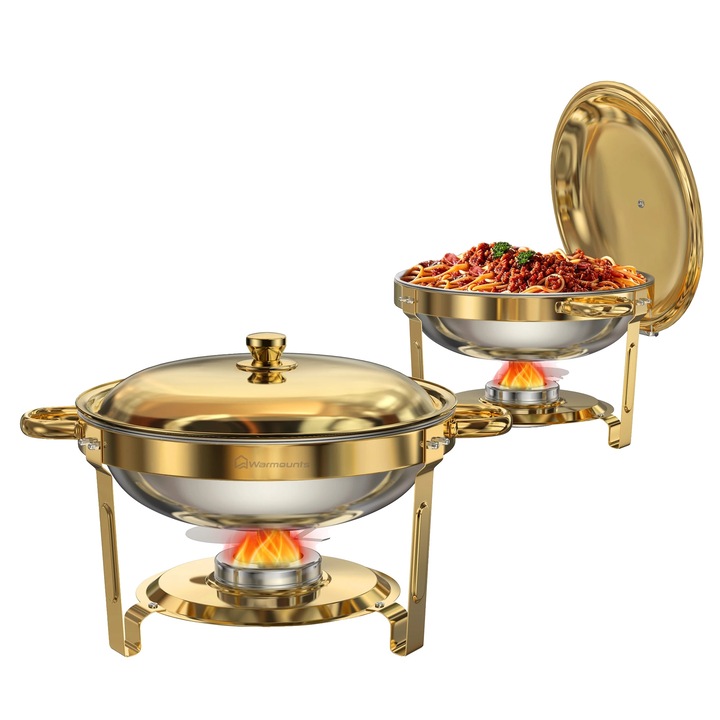 Vas de incalzire (Chafing Dish), inox, Design elegant placat cu aur, Set de 2