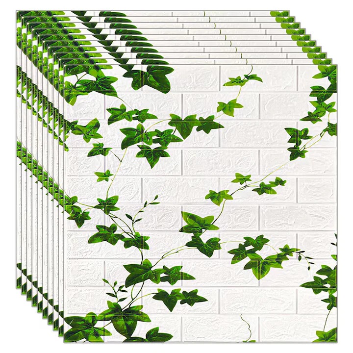Set 10x tapet 3D caramida cu iedera, panouri autoadezive 4.9mp, 70x70 cm