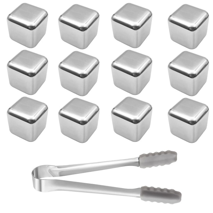 Set 12 Cuburi pentru racirea bauturilor, YOUKUKE®, inox, reutilizabile, cleste, cutie depozitare