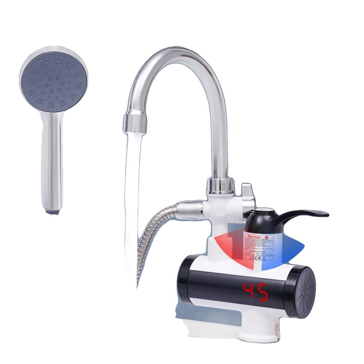 Elektromos vízmelegítő csap, LED kijelző, 360 fokban forgatható, fekete, 220V