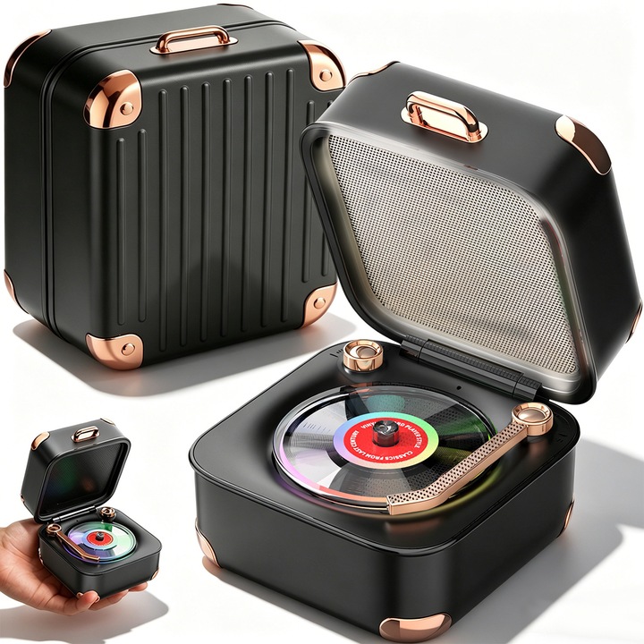 Boxa Portabila, BYONDSELF®, Design Retro, Sunet 360°, 1200mAh, 9h, Bluetooth 5.3, USB Type-C, Lumini RGB, Romantism, Designul Patefon Vechi, Card TF, Negru