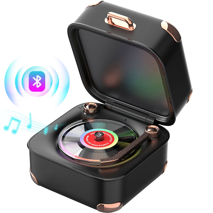 Boxa Portabila, BYONDSELF®, Design Retro, Sunet 360°, 1200mAh, 9h, Bluetooth 5.3, USB Type-C, Lumini RGB, Romantism, Designul Patefon Vechi, Card TF, Negru