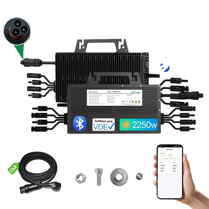 Inverter solar NBQ 2250W, 230V, 16-60V, conectivitate WiFi, eficienta energetica, dimensiuni compacte