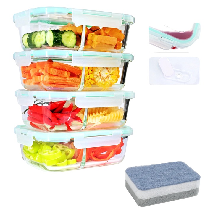 Set cutii alimentare din sticla borosilicata, 4x1040ml, rezistente la temperaturi extreme, design stivuibil