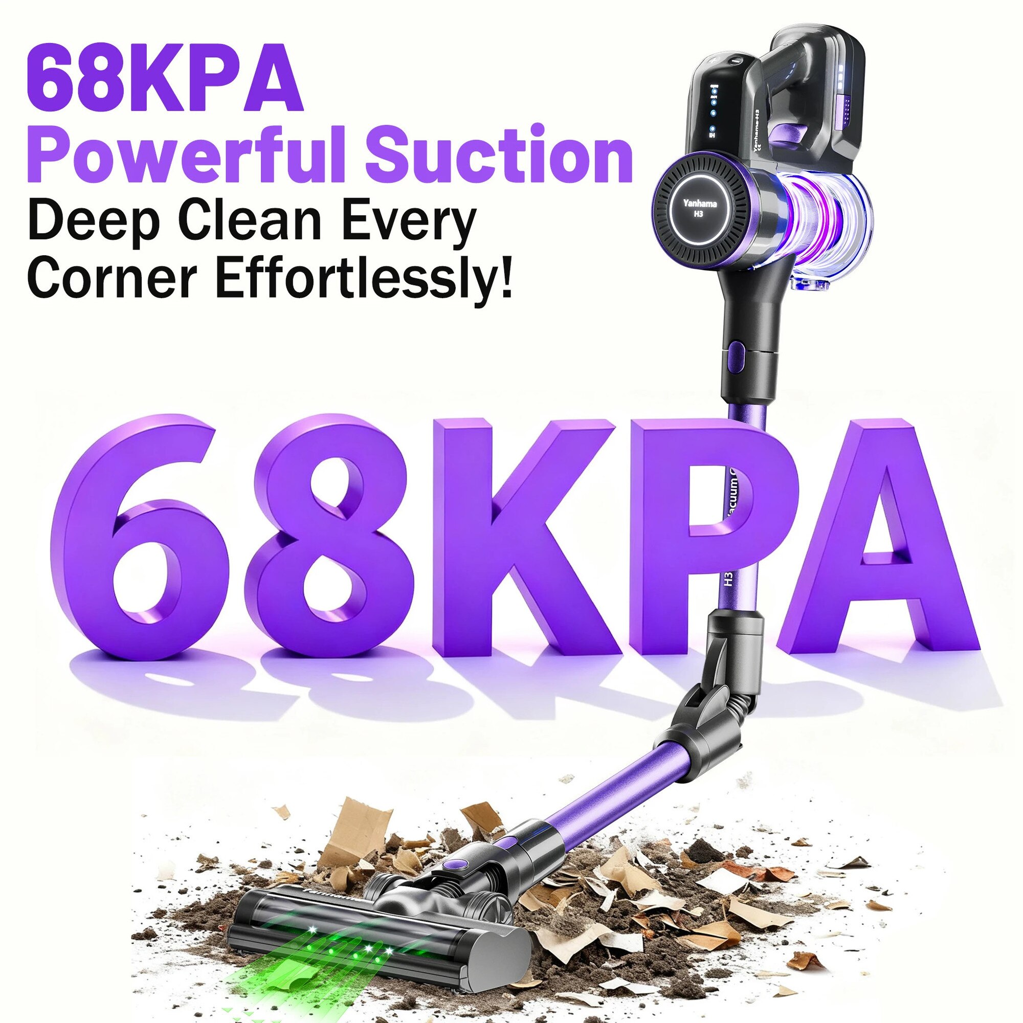 Aspirator fara fir, 68000 Pa putere de aspiratie, 1.6 L capacitate rezervor, 60 minute autonomie, filtru HEPA