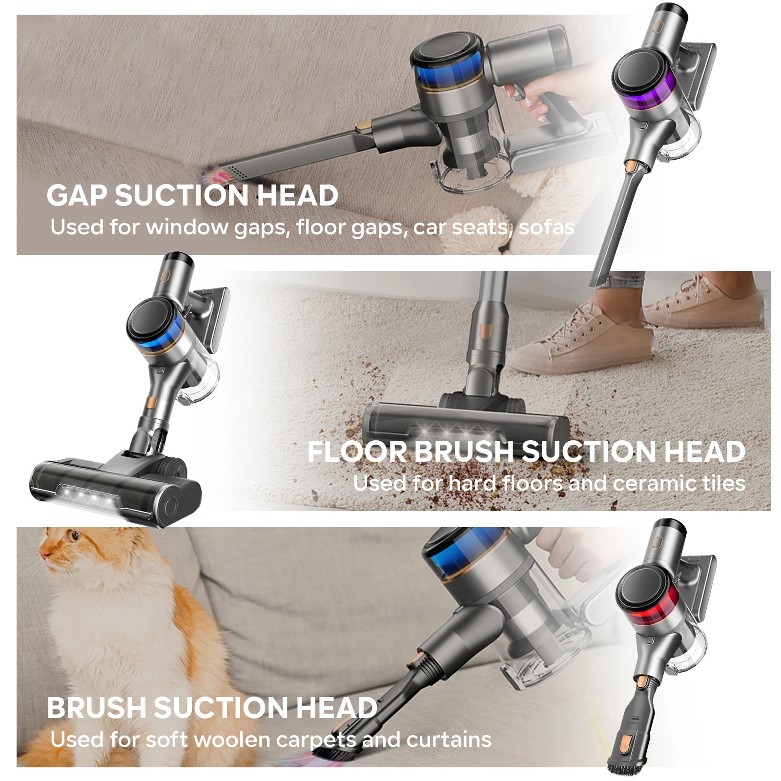 Aspirator fara fir, 70 kPa putere de aspiratie, 4 moduri de curatare, auriu, 2.8 kg