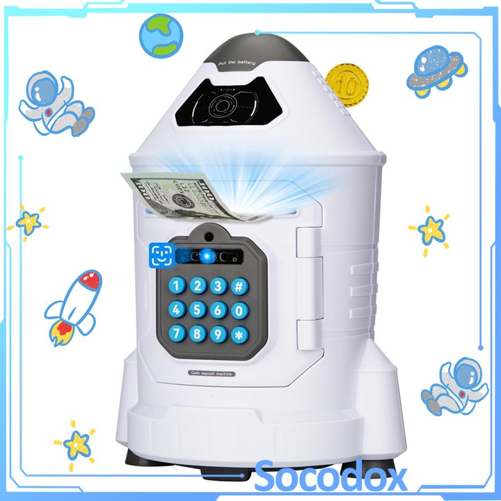Pusculita electronica pentru copii, Socodox, forma de racheta, protectie prin parola, recunoastere faciala, Cu lumina si sunet prompt, Cu intrare pentru bani si monede, Usor de utilizat, 4-10 ani, 23.3x 15.3x16.6cm, Albastra/Alb