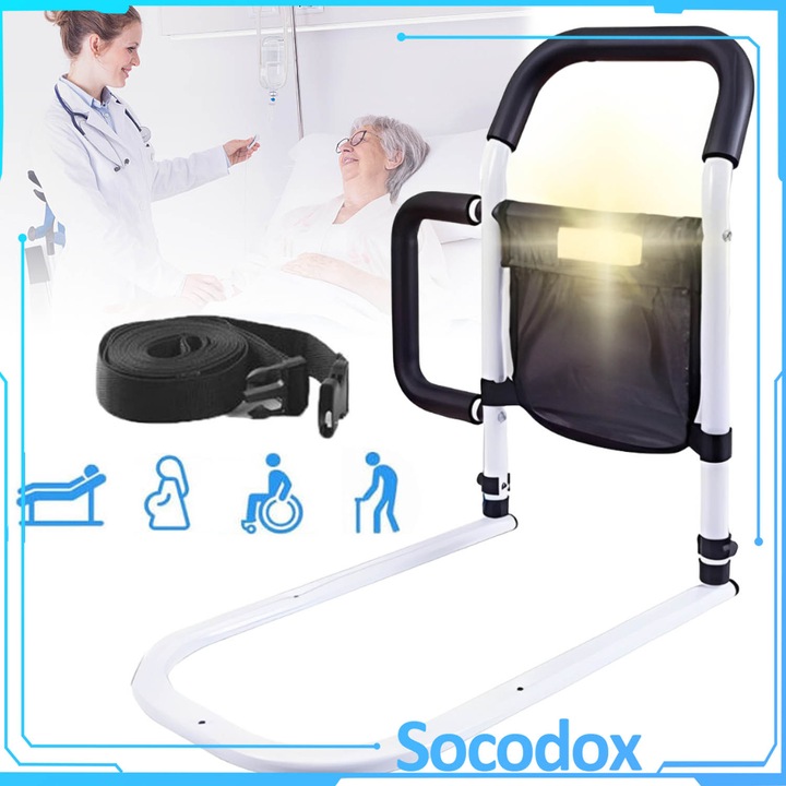 Bara de sprijin pentru pat, Socodox, cu geanta de depozitare, senzor inteligent cu lumina pentru corpul uman, reglabil pe inaltime, montaj usor, Capacitate de incarcare de 300 de lire, pentru varstnici, femei insarcinate, persoane in nevoie, metal, alb