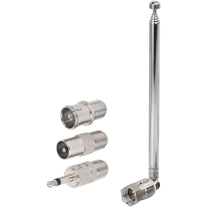 Телескопична FM антена, Caltucus Core®, 75 Ohm, разгъваема дължина 51 см, с F конектор, комплект с 3 адаптера