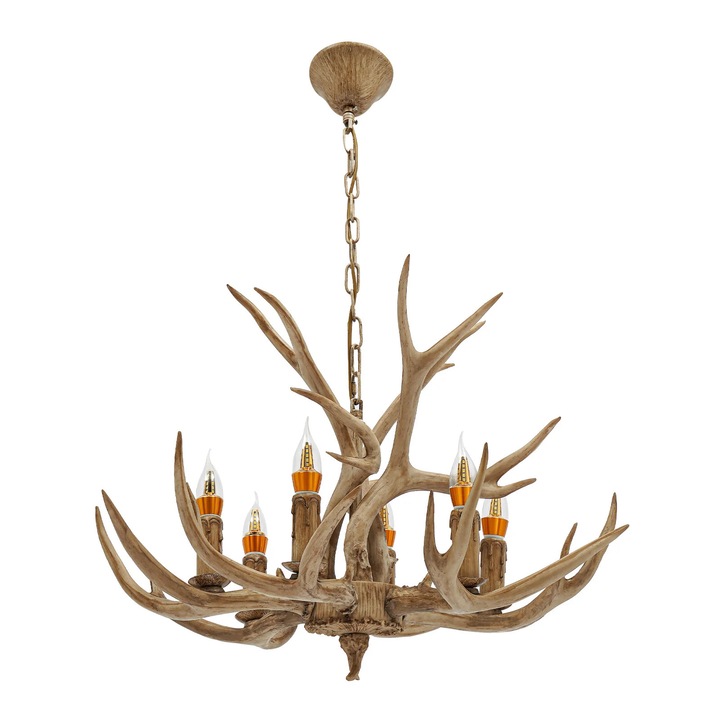 Candelabru cu coarne de cerb, Lustra suspendata, 6 becuri E14, Intensitate reglabila, Lant reglabil 1 m, 220 V, Becuri incluse, Maro