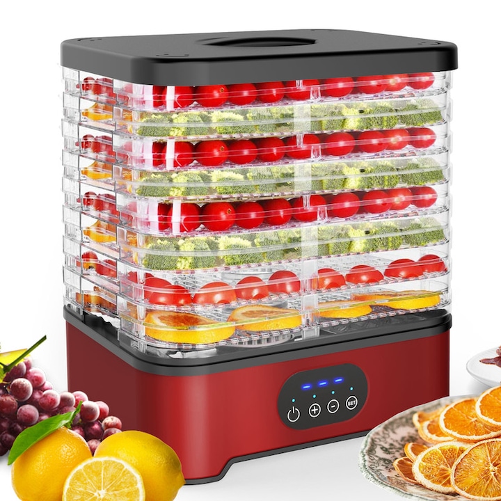 Deshidrator alimentar, 8 tavi, 16 L, temperatura reglabila 42-70, circulatie aer cald 360, temporizator 72 h, protectie oprire curent, Rosu