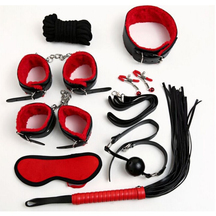 Set 8 accesorii bondage, catuse, catuse glezne, zgarda, cleme sfarcuri, masca, gag, franghie bumbac 5m