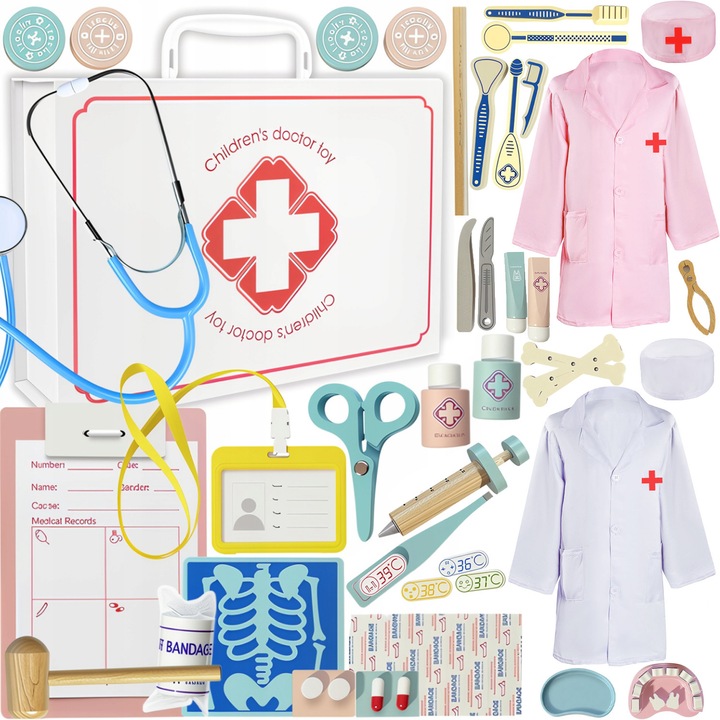 Set Joaca Doctor, BYONDSELF®, 47 Piese, Include Halate de Doctor si Asistenta, cu Cutie de Depozitare, din Lemn, Curatarea Cavitatii Bucale, Jucarii Interactive/Montessori, Pentru Copii de 3 Ani+