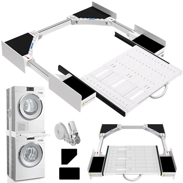 Kit Universal Suprapunere Masina de Spalat-Uscator, BYONDSELF®, Retractabil de la 51 la 76cm, cu Curele de Fixare si Retractabil Suport pentru Prosoape, Stabil si Usor de Instalat, Alb