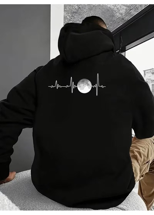 Hanorac Barbati Moon, buzunar frontal tip marsupiu, gluga cu snur reglabil, bumbac, Negru