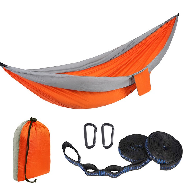 Hamac Esther Beauty®, din material tip parasuta - 300x200cm, Ultra-usor, Portabil, Perfect pentru Camping, Backpacking, oua curele de prindere si carabine incluse si Saci, Portocaliu