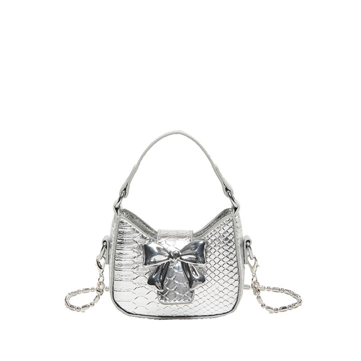 Ezüst színű női mini táska pillangó díszítéssel, kézitáska és válltáska, kompakt, ősz-tél