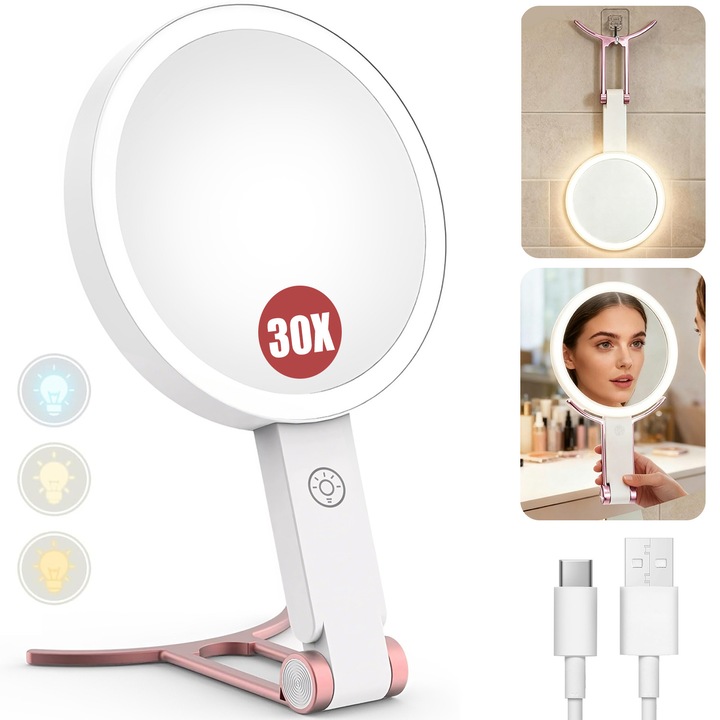 Kozmetikai Tükör, BYONDSELF®, 30X/1X Nagyítás, 64 LED, 3 Fénytípus, Falra Szerelhető/Asztali/Kézi, 1000mAh, Érintőkapcsoló, 23×37cm, Fehér