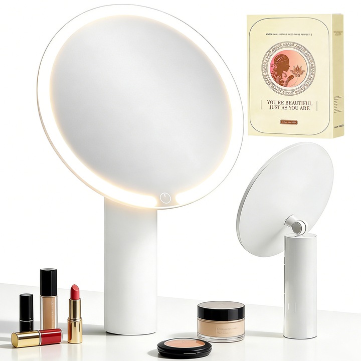 Oglinda Cosmetica, BYONDSELF®, 4800mAh, Iluminata 68 LED-uri, 3 Tipuri de Lumina, Reglare Continua Luminozitatii, Baza cu Ventuza, Autonomie Lunga, Touch Switch, USB Type-C, 23×37cm, Alb