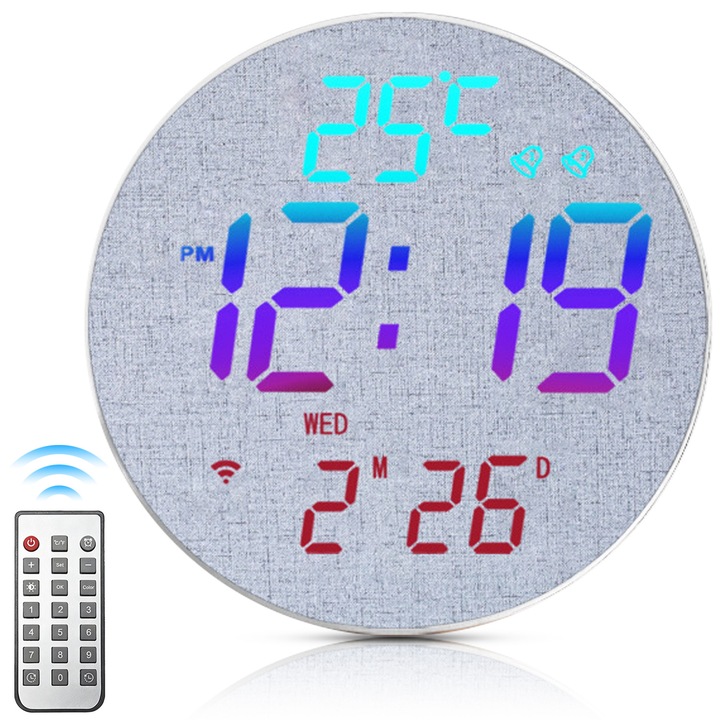 Цифров стенен часовник Ultrixe®, кръгъл 25.3 см, сив, RGB осветление, календар, Bluetooth синхронизация