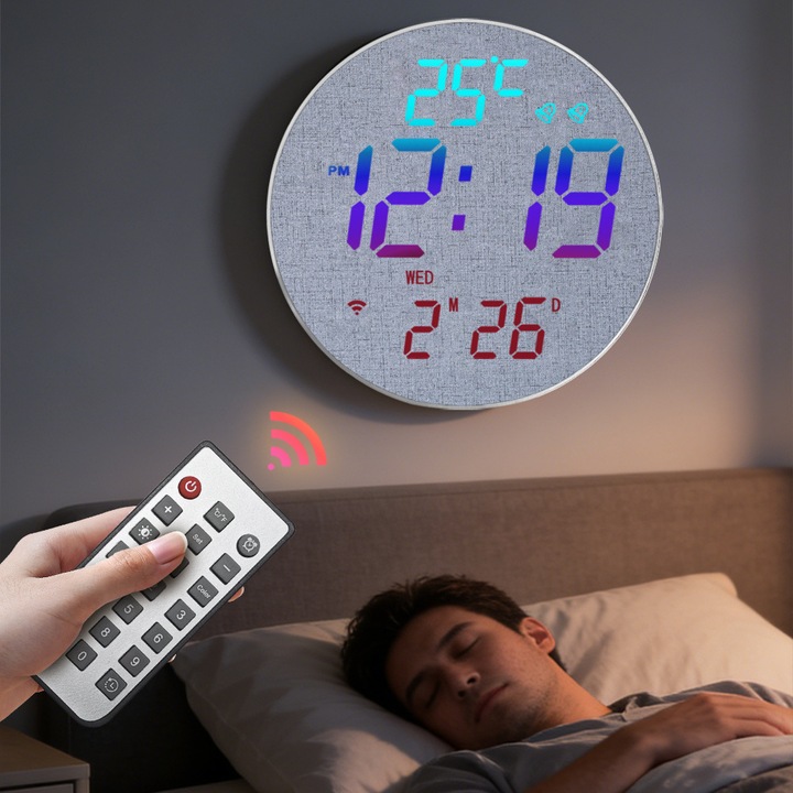 Ceas Digital de Perete Ultrixe, Rotund 25.3cm, Gri, Iluminare RGB, Calendar, Sincronizare Bluetooth