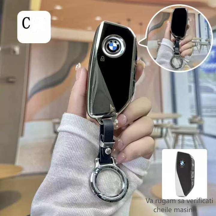 Husa cheie auto dedicata BMW X5, X1, noul X3, X7, iX5, X2, X6, Seria 5 (525Li, 530i), carcasa cu inel, model pentru barbati si femei, negru mat, 0226