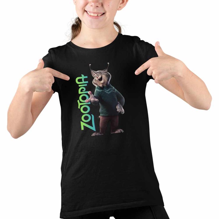 Tricou Copii Fete Zootopia Pawbert Lynxley Ras Lynx Zootropolis, Fekete
