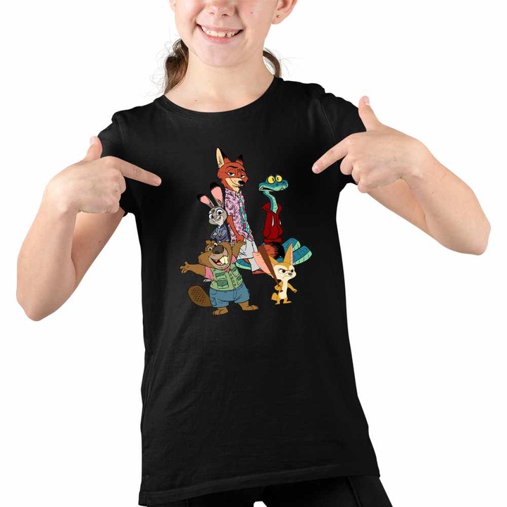 Tricou Copii Fete Zootopia All Gang Zootropolis Zootropolis Nick Judy Politie, Fekete