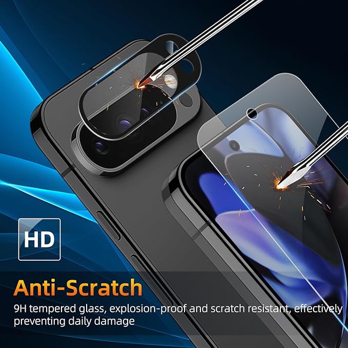 Set 2 Folii de Protectie si 2 Folii pentru Camera pentru Google Pixel 9 Pro, Sticla Securizata, Negru, 0.18mm