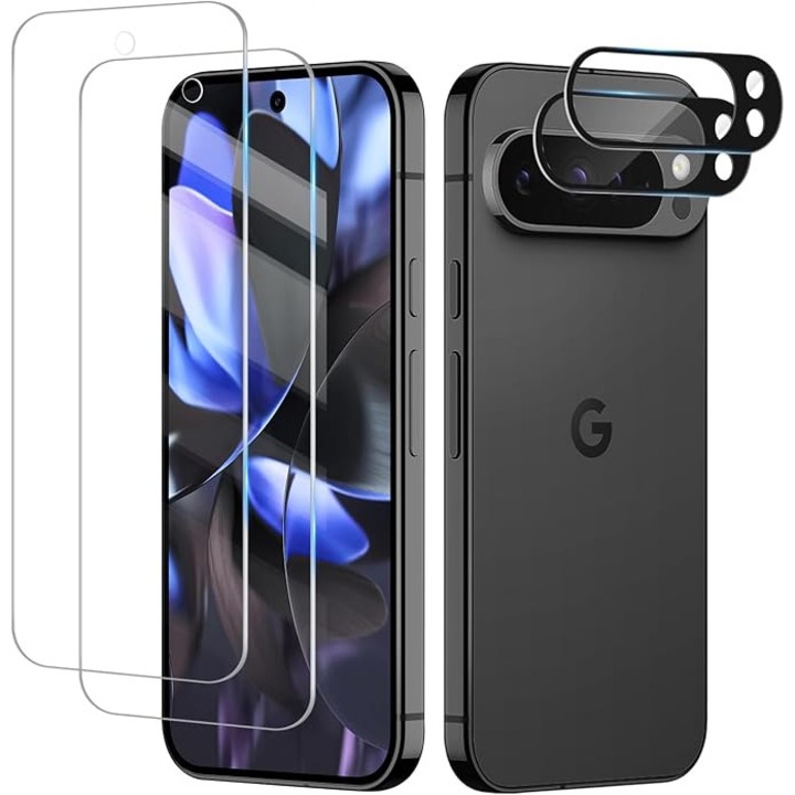 Set 2 Folii de Protectie si 2 Folii pentru Camera pentru Google Pixel 9 Pro, Sticla Securizata, Negru, 0.18mm