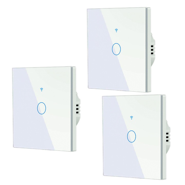 Set 3 x Intrerupator Smart Touch 1 Canal, Fara Nul, WiFi 2.4GHz + RF 433MHz, Sticla Securizata, Control Aplicatie Tuya / Smart Life / Alexa / Google, Automatizari Casa Smart, Design Premium