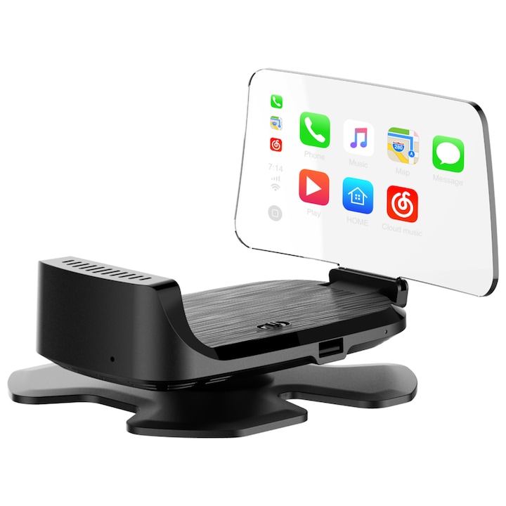 HUD Head-Up дисплей за кола, Android Auto, Car Play, Гласов контрол, Контролер за волан, HUD001, OBD2, USB C порт, Bluetooth, FM трансмисия, Wi-Fi, Plug & Play, Черен, Амбиентно осветление, Отражение на предното стъкло