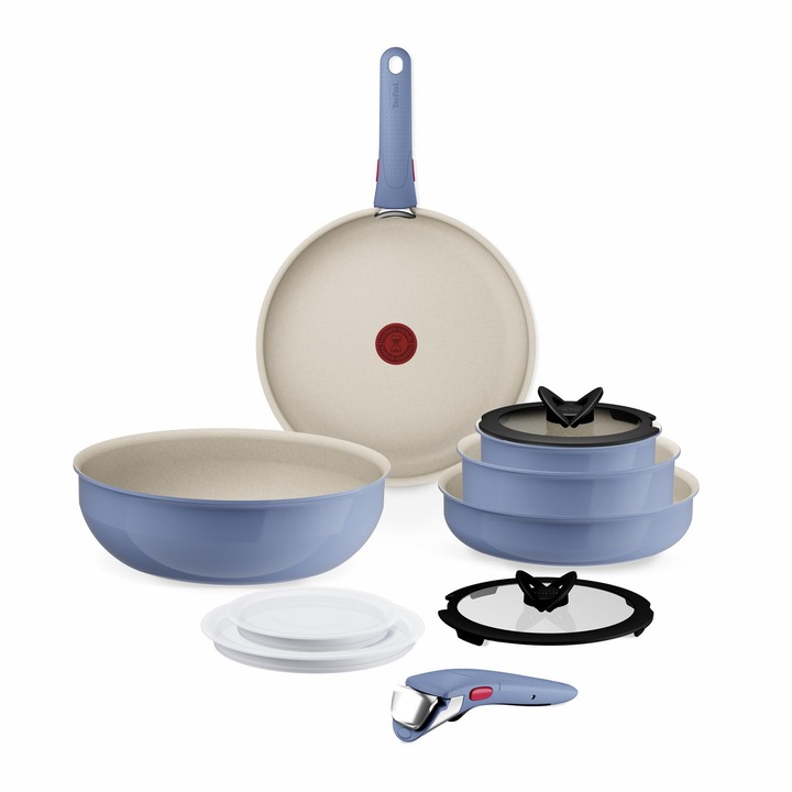 Set De Vase De Gatit Tefal Ingenio Serenity, 11 Piese, Invelis Antiaderent Mineralia, Economisitor De Spatiu, Stivuibil, Potrivit Pentru Toate Tipurile De Plite, Lavabil In Masina De Spalat Vase, Blue Salt, L829Sb04