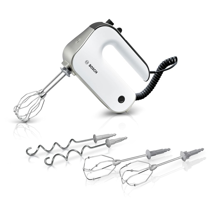 Mixer de mana Bosch Styline MFQ4835DE, 2x2 teluri, 2 carlige de aluat din otel inoxidabil, se poate spala in masina de spalat vase, 575 W, alb