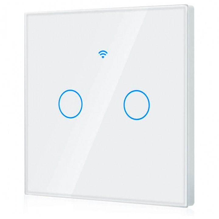 Intelligens Érintőkapcsoló 2 Csatornás, Nulllvezeték Nélkül, WiFi 2.4GHz + RF 433MHz, Edzett Üveg, Tuya / Smart Life / Alexa / Google Alkalmazásvezérlés, Okosotthon Automatizálás, Prémium Design, Fehér