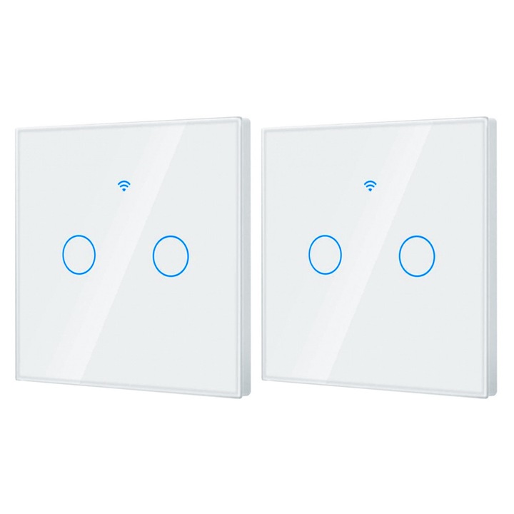 2 db Intelligens Érintőkapcsoló Készlet 2 Csatornás, Nulla Nélküli, WiFi 2.4GHz + RF 433MHz, Edzett Üveg, Tuya / Smart Life / Alexa / Google Alkalmazásvezérlés, Okosotthon Automatizálás, Prémium Design, Fehér