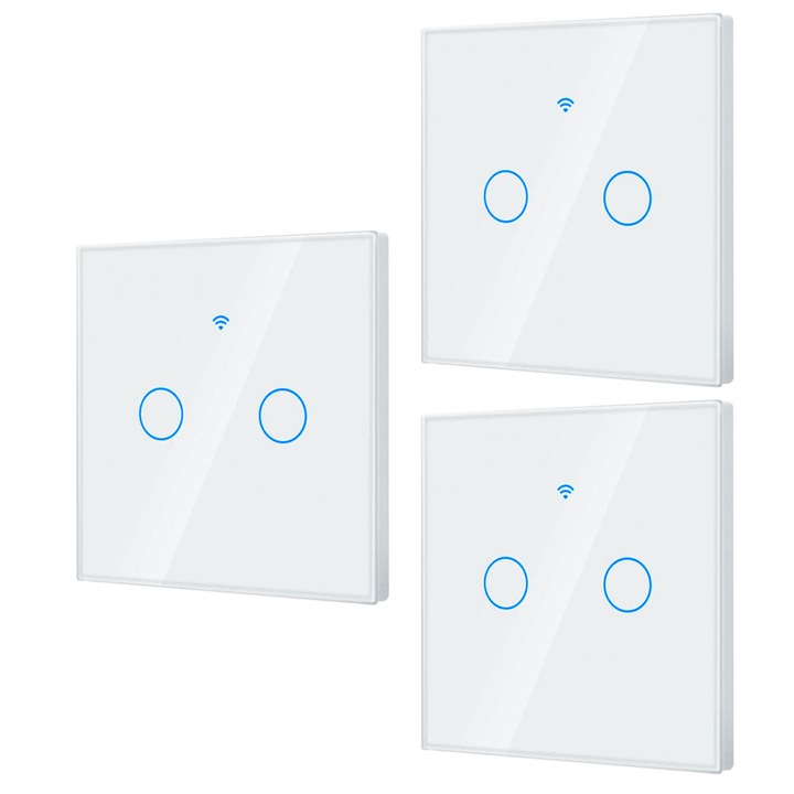 3 db Intelligens Érintőkapcsoló Készlet 2 Csatornás, Nulla Vezeték Nélkül, WiFi 2.4GHz + RF 433MHz, Edzett Üveg, Tuya / Smart Life / Alexa / Google Alkalmazásvezérlés, Okosotthon Automatizálás, Prémium Design, Fehér