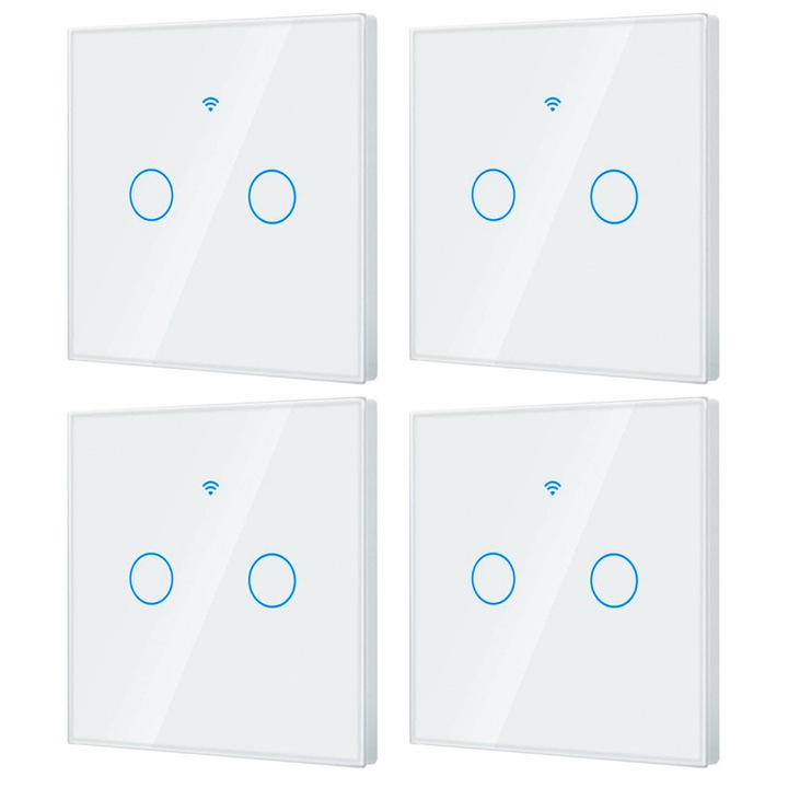 Set 4 x intelligens érintőkapcsoló 2 csatornás, nulla vezeték nélkül, WiFi 2.4GHz + RF 433MHz, edzett üveg, Tuya / Smart Life / Alexa / Google alkalmazásvezérlés, okosotthon automatizálás, prémium design, fehér