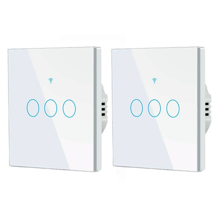 Set 2 x Smart Touch Kapcsoló 3 Csatornás, Nulla Nélkül, WiFi 2.4GHz + RF 433MHz, Edzett Üveg, Tuya / Smart Life / Alexa / Google Alkalmazásvezérlés, Okosotthon Automatizálások, Prémium Design, Fehér
