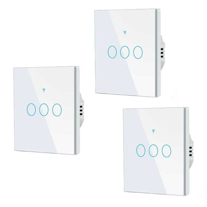Set 3 Intrerupatoare Smart Touch DAMUR FN3C, 3 Canale, Alb, 86x86x35mm