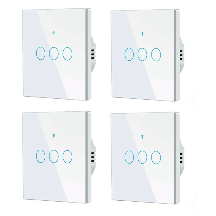 Set 4 x Intelligens Érintőkapcsoló 3 Csatornás, Nulla Nélkül, WiFi 2.4GHz + RF 433MHz, Edzett Üveg, Tuya / Smart Life / Alexa / Google Alkalmazásvezérlés, Okosotthon Automatizálás, Prémium Design, Fehér