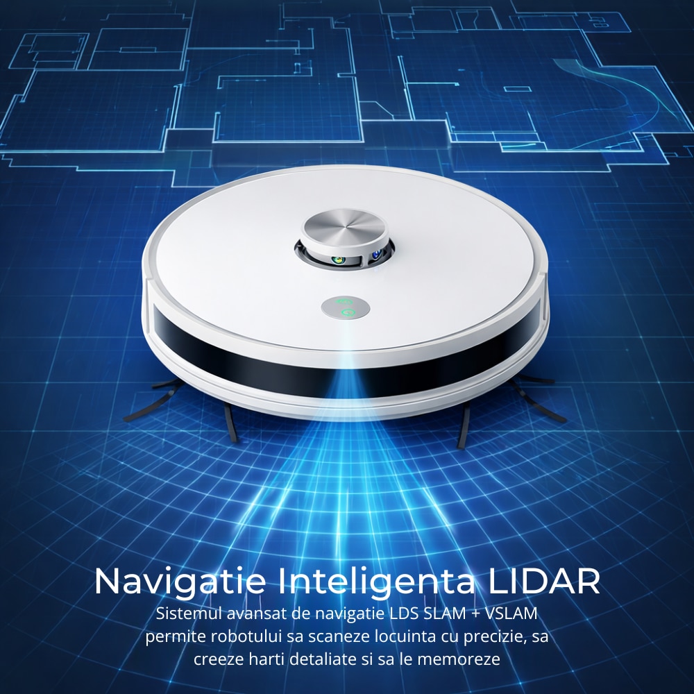 Aspirator Robot Inteligent 2 In 1 IdealTI® Smart A8i, Functie Mop, Navigatie Inteligenta LIDAR 360°, Putere 4500Pa, Tuya App WiFi, Reincarcare Automata, 2500 mAh, ALB