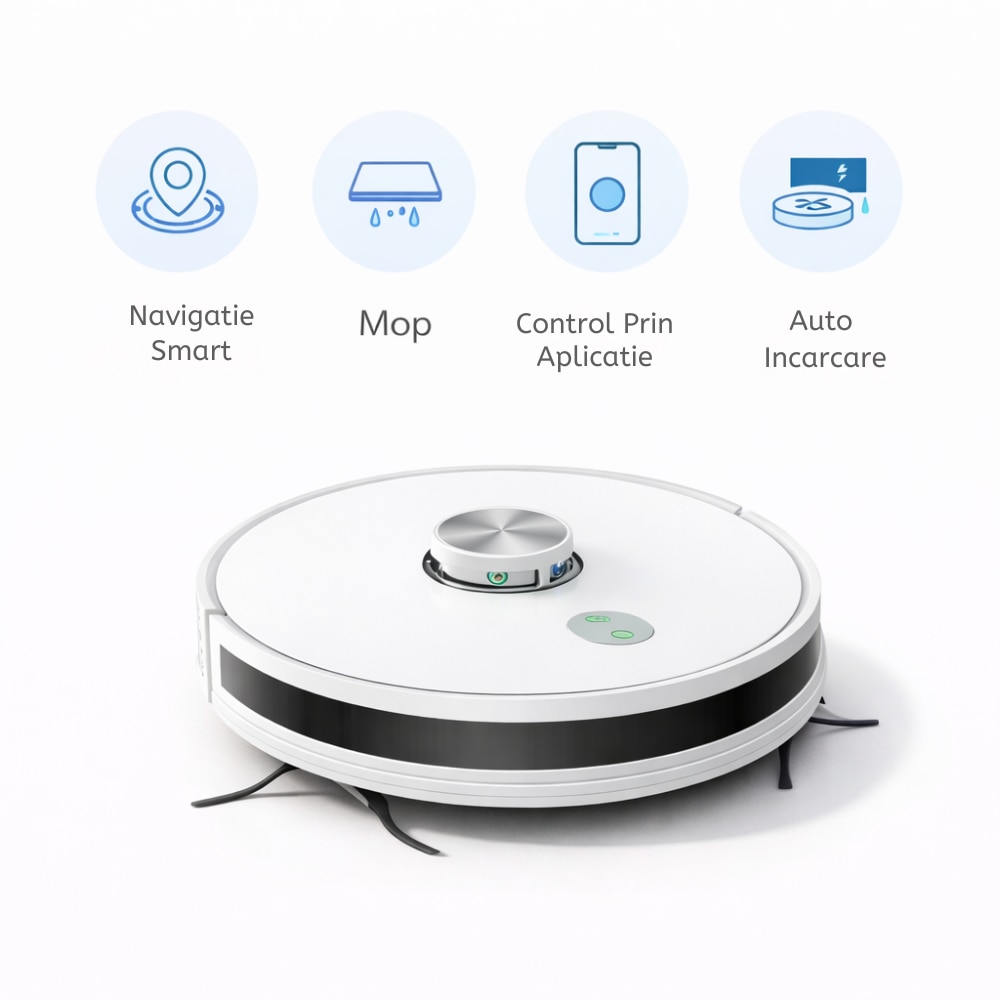 Aspirator Robot Inteligent 2 In 1 IdealTI® Smart A8i, Functie Mop, Navigatie Inteligenta LIDAR 360°, Putere 4500Pa, Tuya App WiFi, Reincarcare Automata, 2500 mAh, ALB