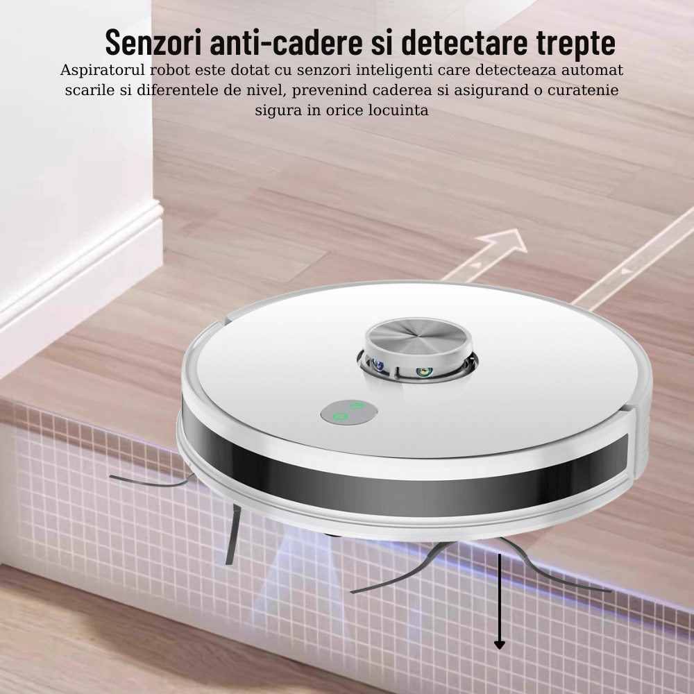 Aspirator Robot Inteligent 2 In 1 IdealTI® Smart A8i, Functie Mop, Navigatie Inteligenta LIDAR 360°, Putere 4500Pa, Tuya App WiFi, Reincarcare Automata, 2500 mAh, ALB