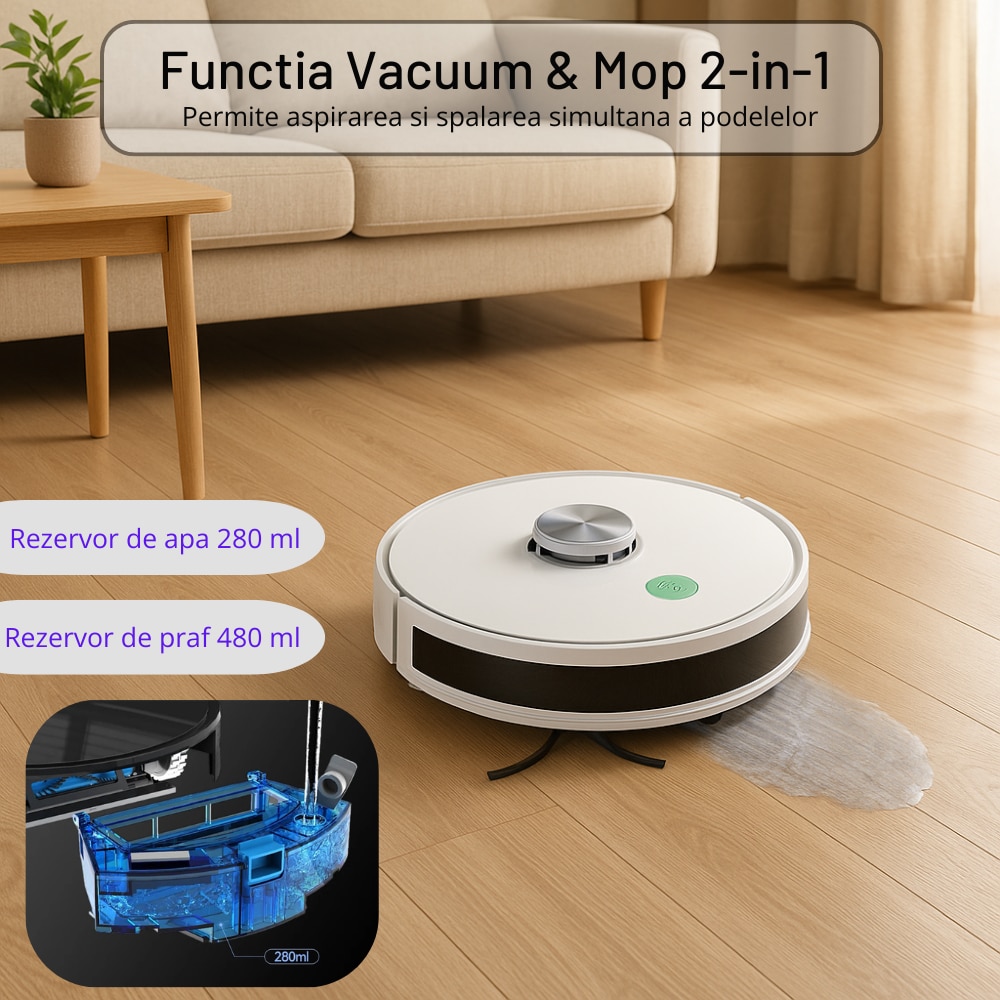 Aspirator Robot Inteligent 2 In 1 IdealTI® Smart A8i, Functie Mop, Navigatie Inteligenta LIDAR 360°, Putere 4500Pa, Tuya App WiFi, Reincarcare Automata, 2500 mAh, ALB