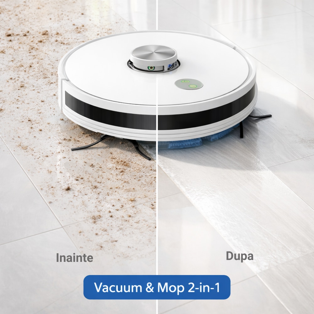 Aspirator Robot Inteligent 2 In 1 IdealTI® Smart A8i, Functie Mop, Navigatie Inteligenta LIDAR 360°, Putere 4500Pa, Tuya App WiFi, Reincarcare Automata, 2500 mAh, ALB
